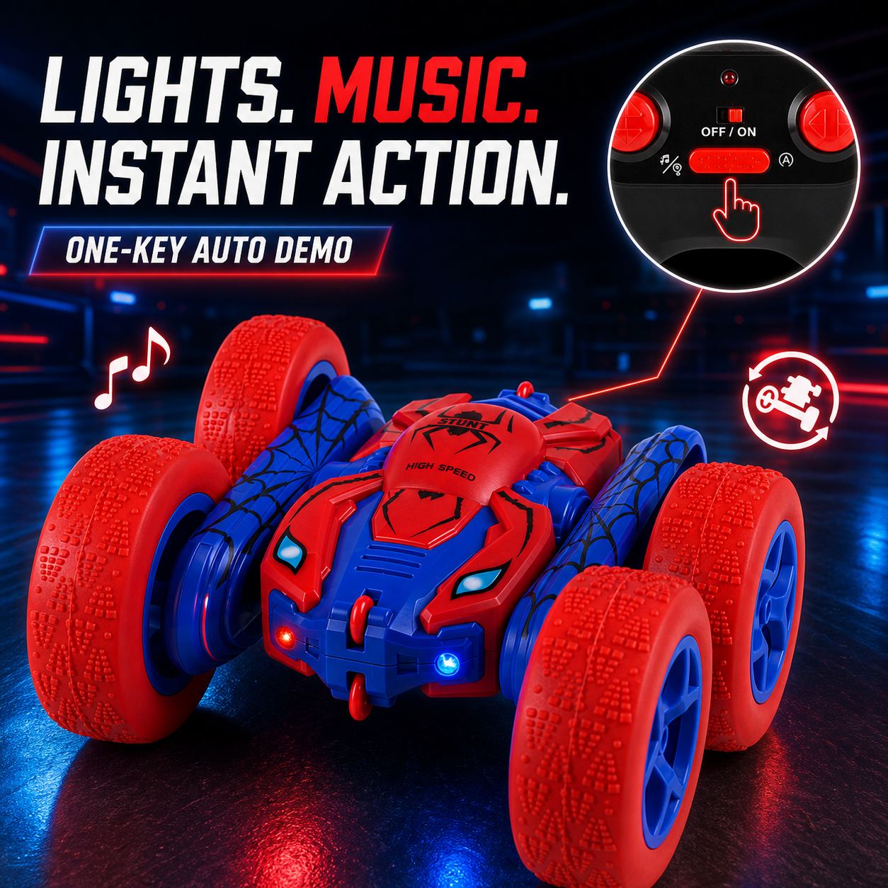 Stunt car with bright lights and music feature