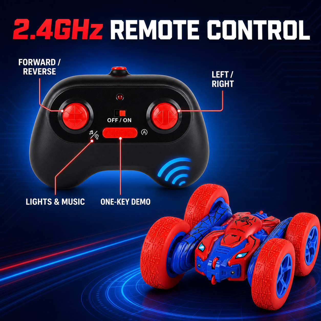 2.4GHz remote control with labeled controls