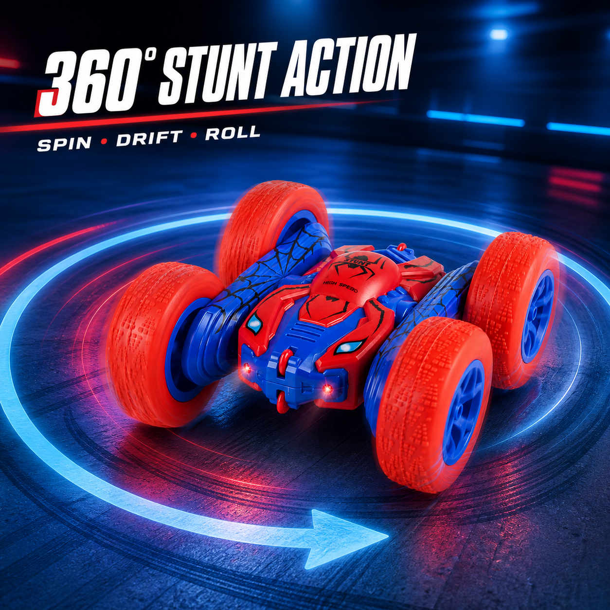 Stunt car spinning with blue and red light trails
